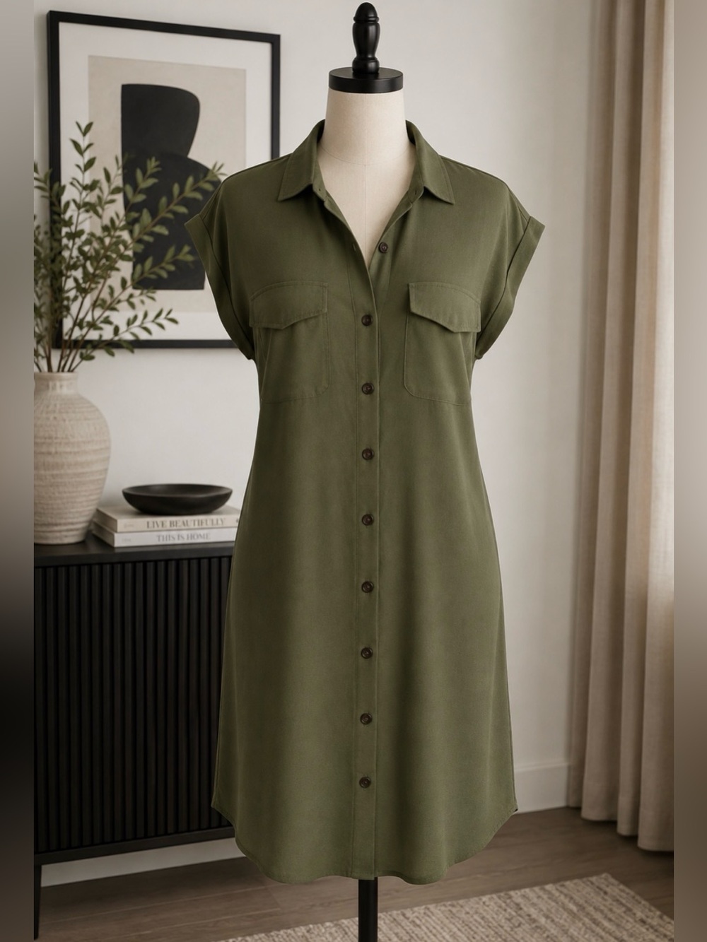Banana Republic Olive Green Button-Front Shirt Dress